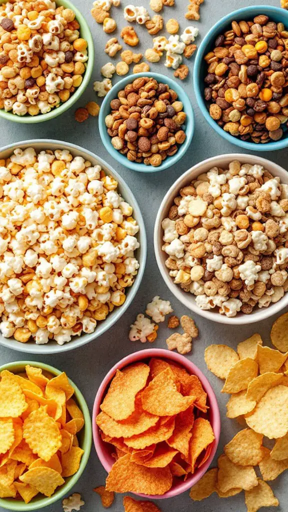 A colorful assortment of gluten-free snacks for a baby shower, including popcorn and chips in various bowls.