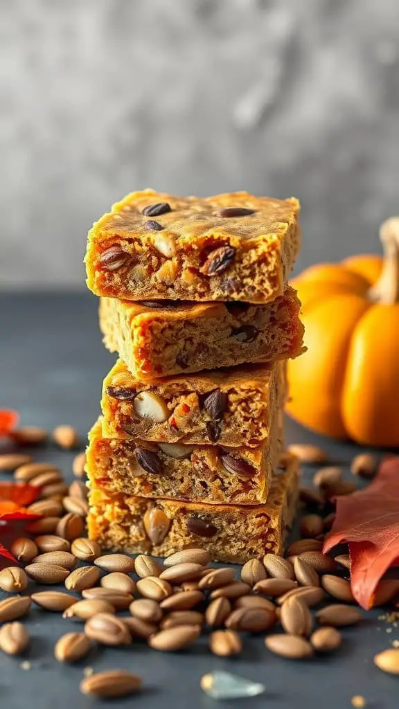 A stack of gluten-free pumpkin spice bars with nuts, surrounded by pumpkin seeds and a small pumpkin.