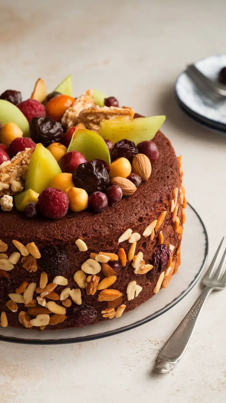 A beautifully decorated gluten-free Christmas fruit cake topped with fresh fruits and nuts, showcasing its moist texture and festive appearance.