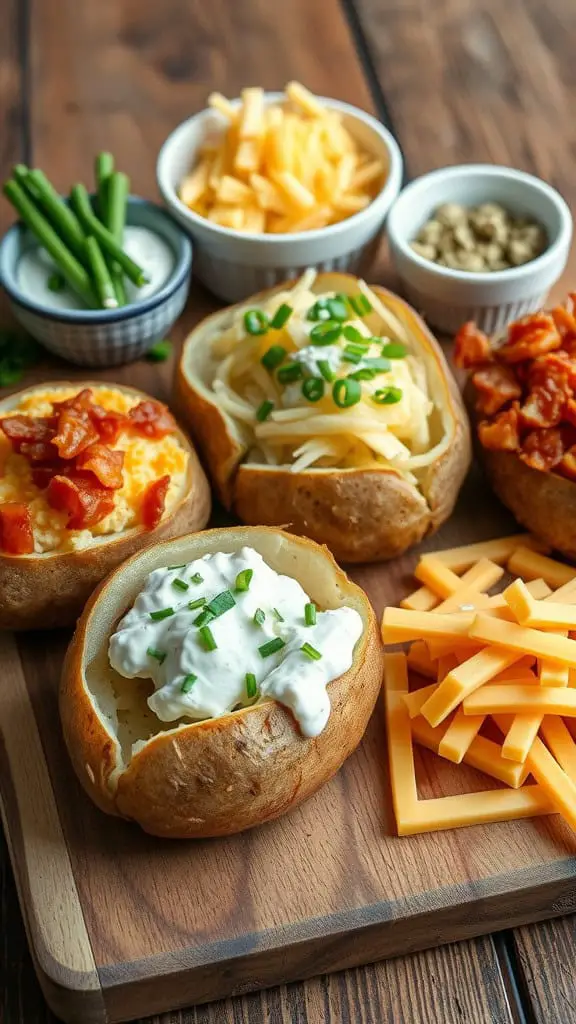 A baked potato bar with various toppings including cheese, sour cream, green onions, and bacon bits.