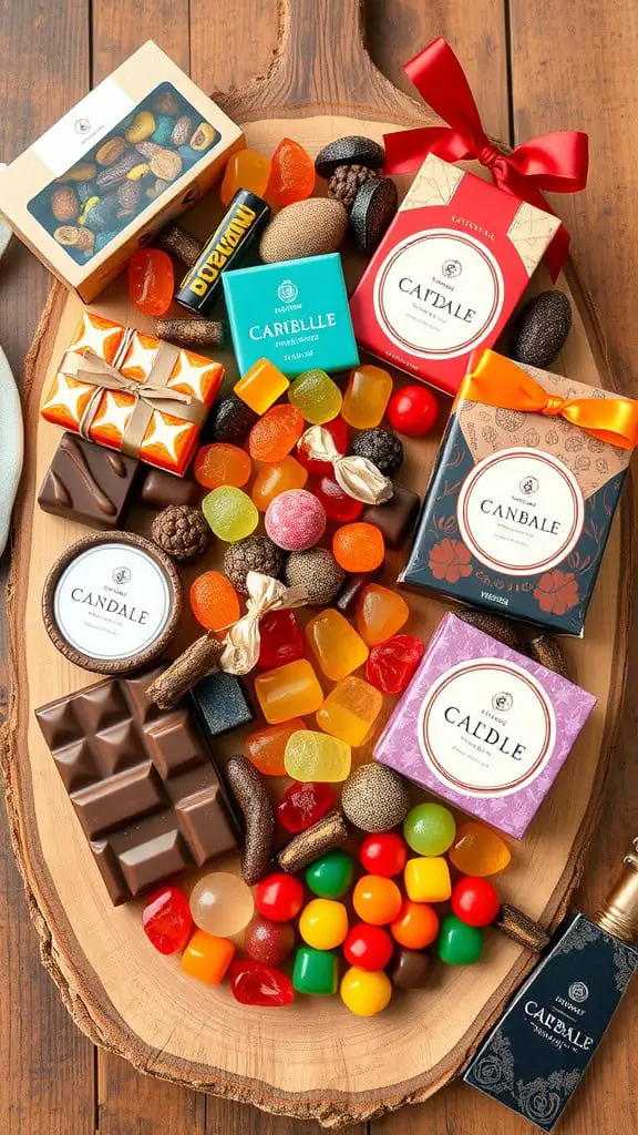 A beautiful gourmet candy snack spread featuring various chocolates, gummies, and colorful candies on a wooden board.