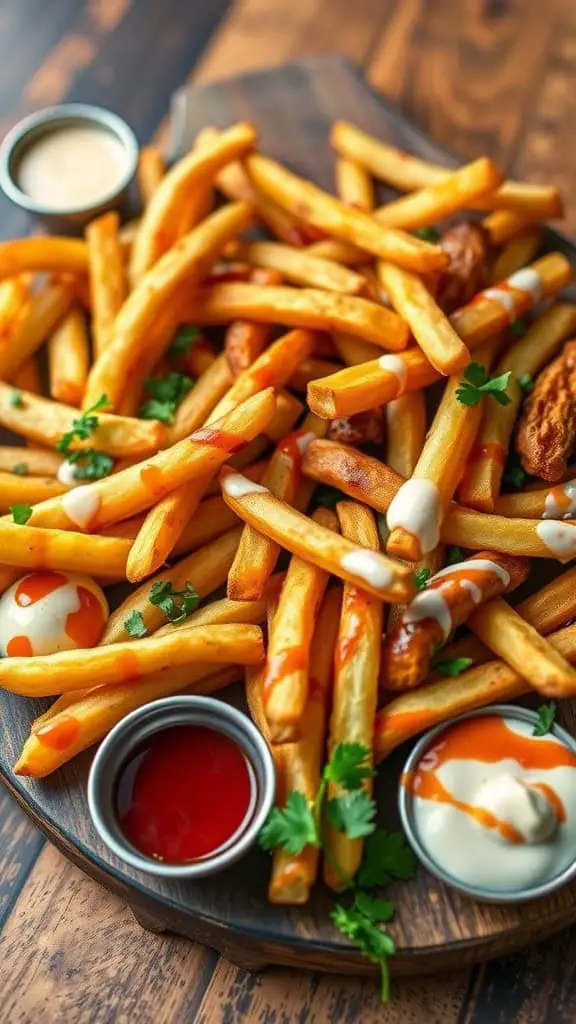 A gourmet fry sampler board with a variety of fries and dipping sauces