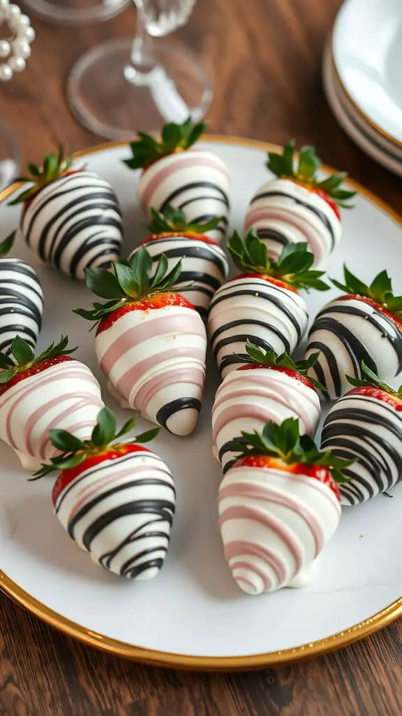 A plate of gourmet marble-dipped strawberries with black and pink chocolate swirls