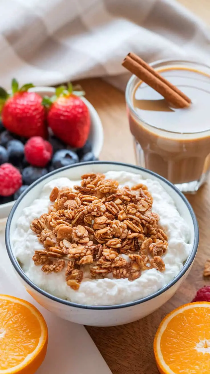 A bowl of yogurt topped with granola, surrounded by fresh fruits and a cup of coffee.