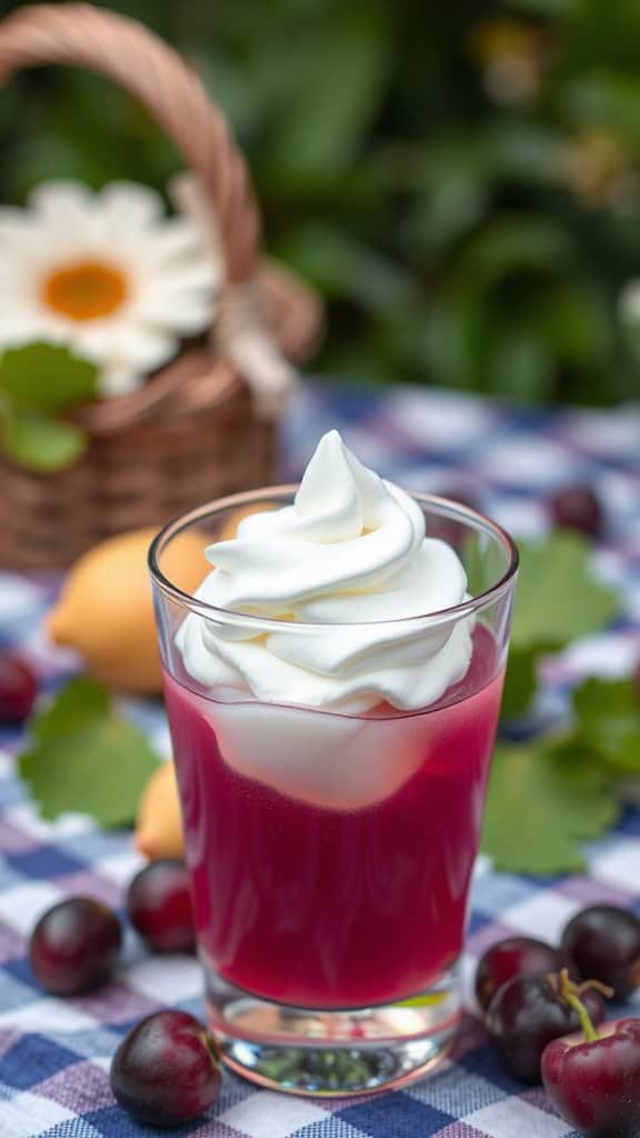 A glass of Grape Jello topped with marshmallow whip, surrounded by cherries and a floral basket.