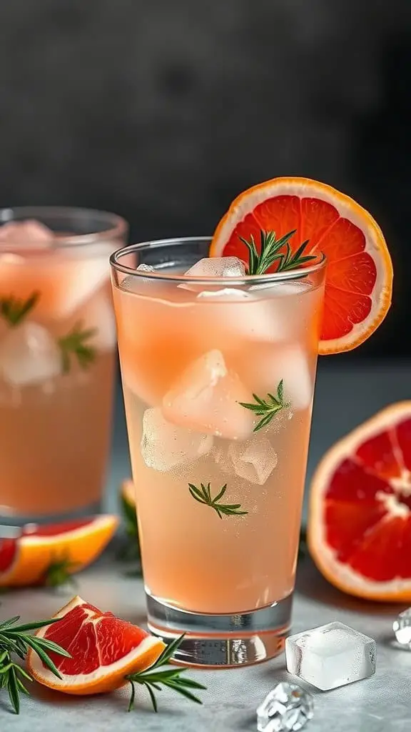 A refreshing grapefruit rosemary jello spritz in a glass, garnished with grapefruit slices and rosemary sprigs.