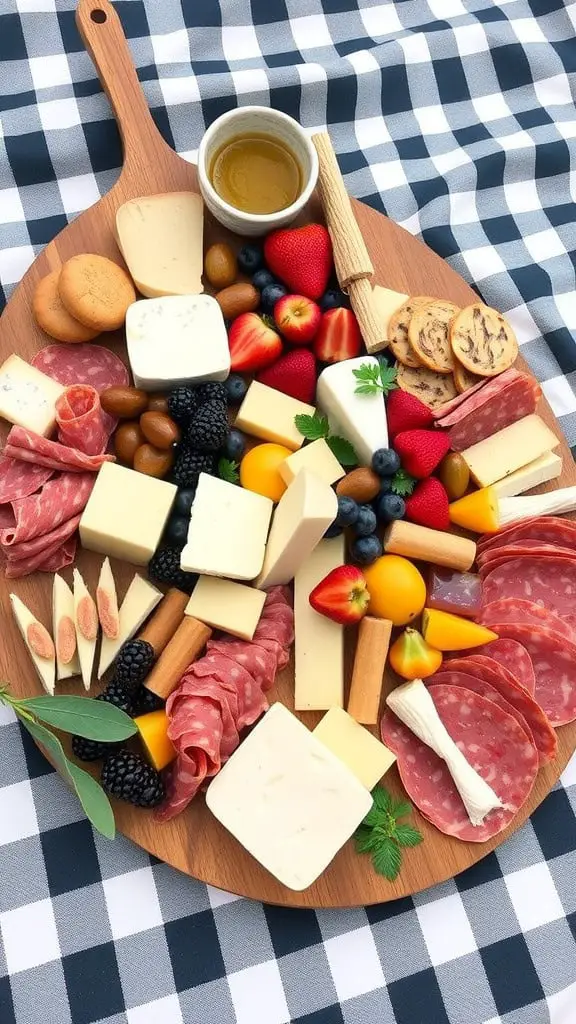 A beautifully arranged grazing picnic platter featuring various cheeses, meats, fruits, and snacks on a wooden board.