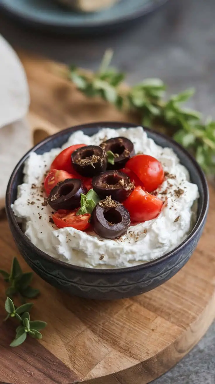 A bowl of creamy dip topped with olives, cherry tomatoes, and oregano on a wooden board