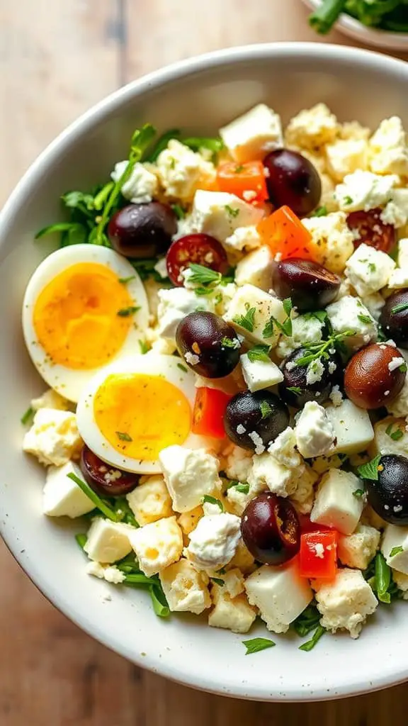 Greek-style cottage cheese egg salad with feta, olives, and boiled eggs in a bowl.