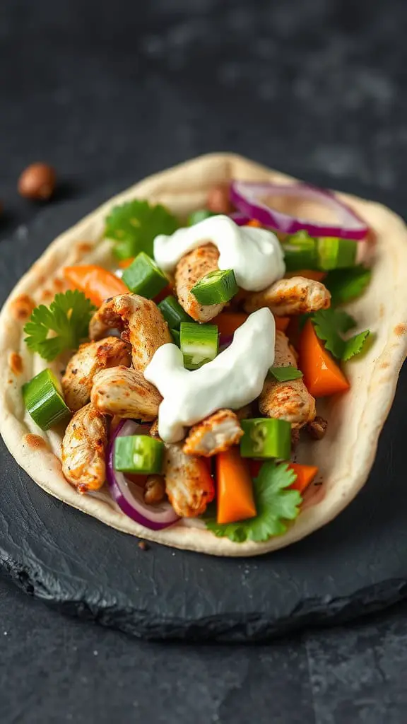 Greek chicken gyro flatbread topped with fresh vegetables and sauce