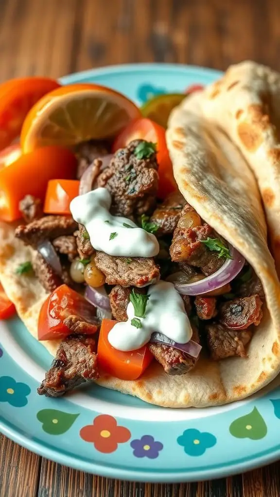 A delicious Greek lamb gyro pita wrap filled with grilled lamb, fresh tomatoes, onions, and a creamy sauce.