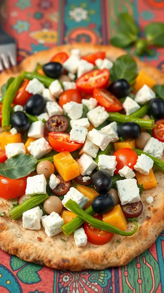 A colorful Greek salad flatbread topped with feta, olives, cherry tomatoes, and bell peppers on a decorative background.