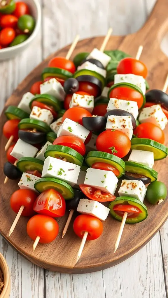 A platter of Greek salad skewers featuring tomatoes, cucumbers, feta cheese, and olives.