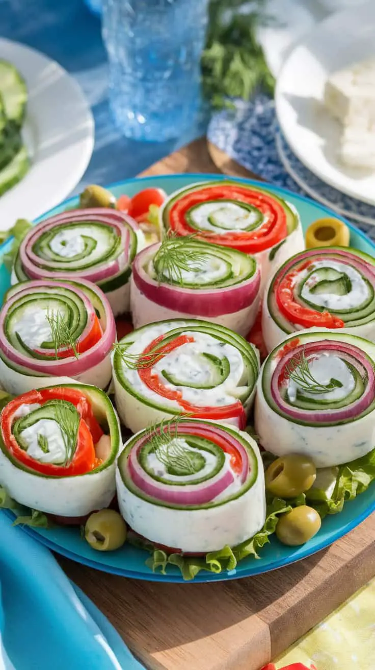 Colorful Greek Tzatziki Salad Pinwheels arranged on a blue plate, garnished with dill and olives.