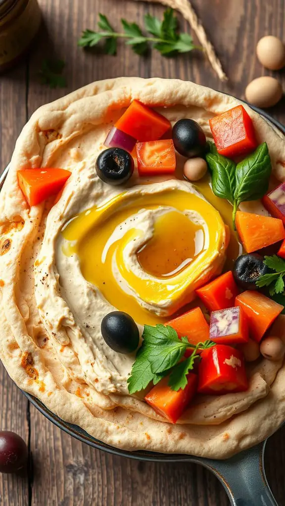 A colorful Greek veggie and hummus pita bowl topped with fresh vegetables and herbs.