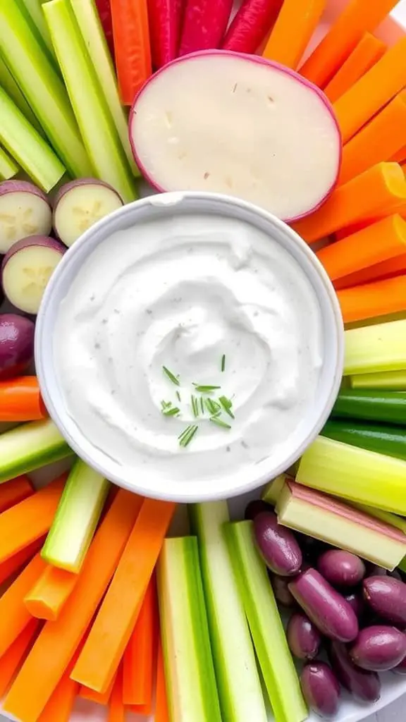 A bowl of Greek yogurt ranch dip surrounded by colorful fresh vegetables like carrots, celery, and bell peppers.