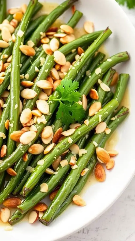 A bowl of green beans topped with sliced almonds and a sprig of cilantro.