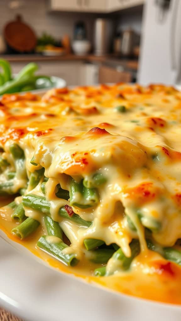 A close-up of a cheesy green bean casserole with layers of green beans and melted cheese on top, set in a cozy kitchen.