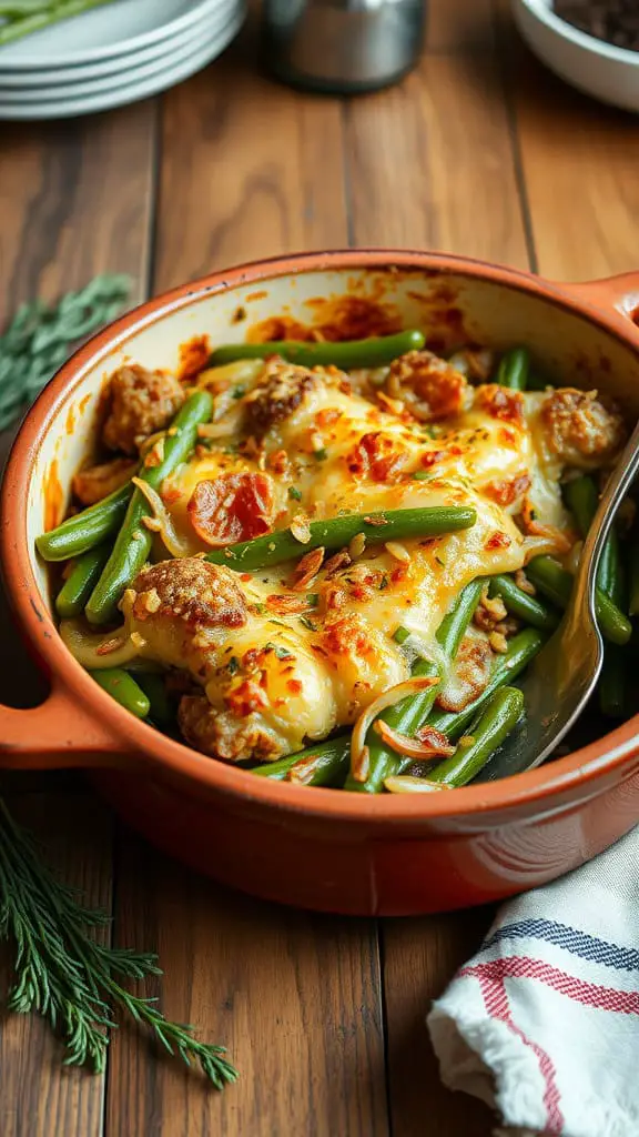 A delicious Green Bean and Crispy Onion Bake in a dish, showcasing green beans and melted cheese with crispy onion topping.