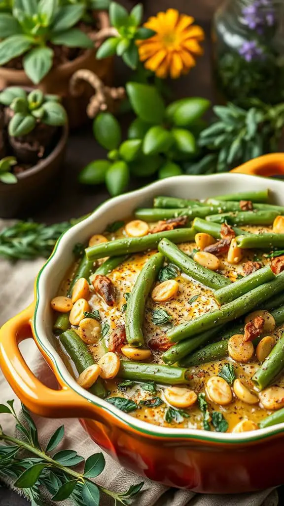 A delicious Green Bean and Herb Bake placed among potted plants, showcasing green beans topped with herbs and nuts in a colorful dish.