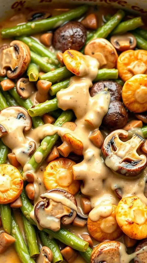 Delicious green bean and mushroom casserole topped with creamy sauce