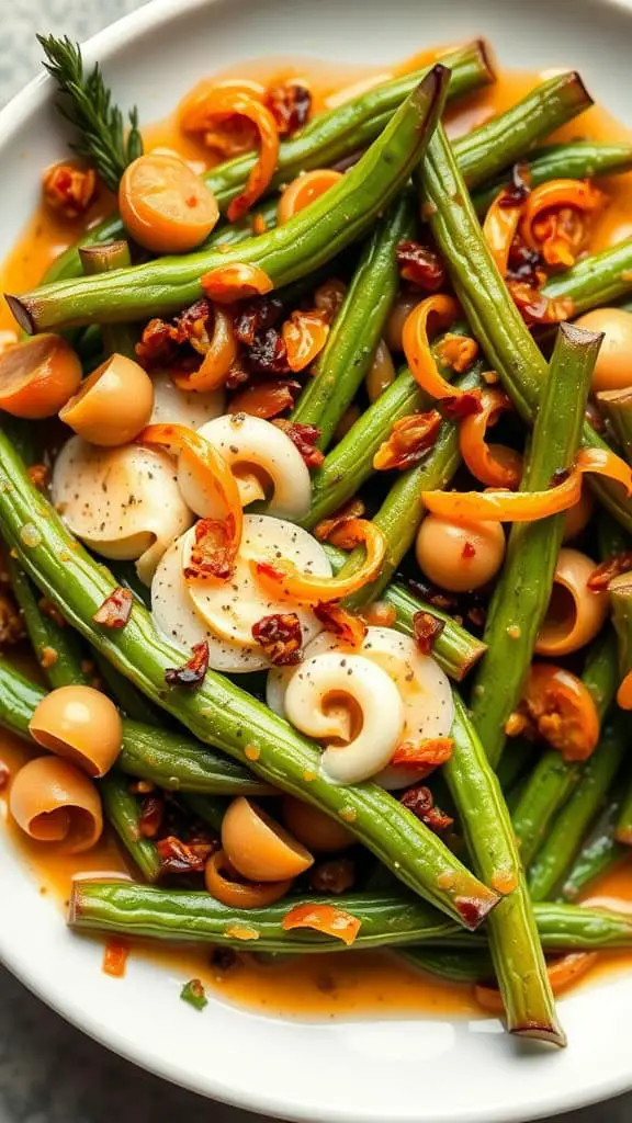 A vibrant green bean casserole with shallots and garnishes, ready to serve.