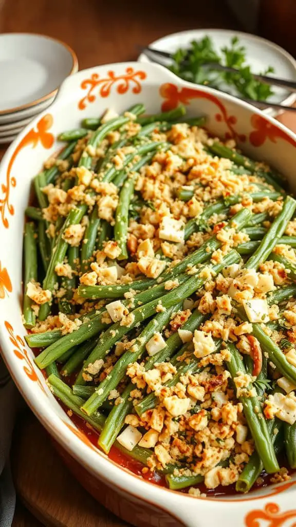 A delicious Green Bean Bake topped with crunchy savory breadcrumbs, served in a colorful dish.