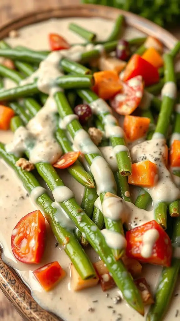 A plate of green beans topped with a creamy sauce and colorful diced vegetables.