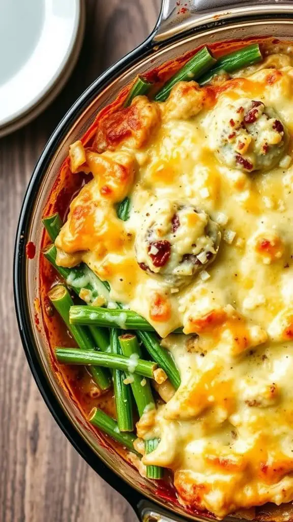 A delicious green bean gratin topped with melted cheese, featuring fresh green beans and a creamy sauce.