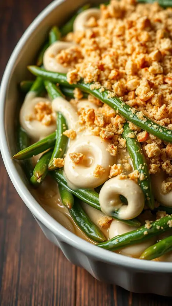 A delicious green bean casserole topped with crispy fried onions