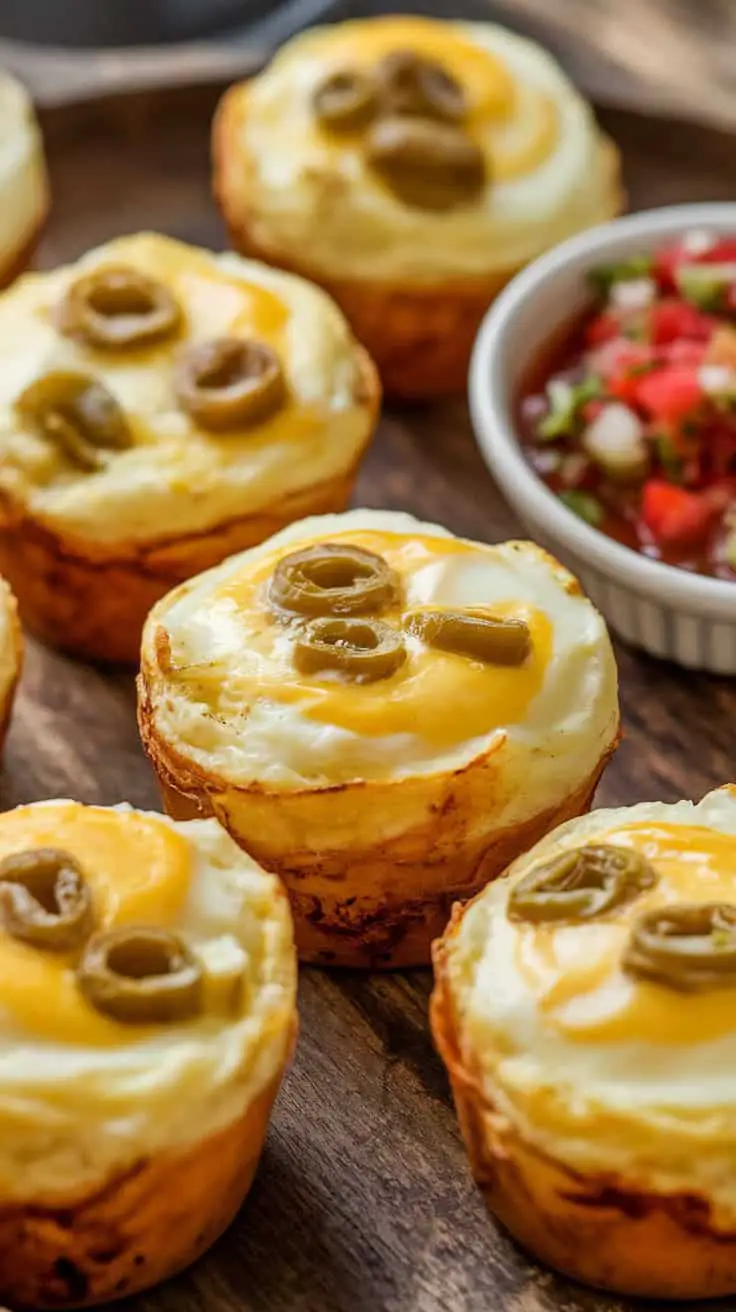 Muffin tin egg bites topped with green chiles and cheese, served with a side of salsa.