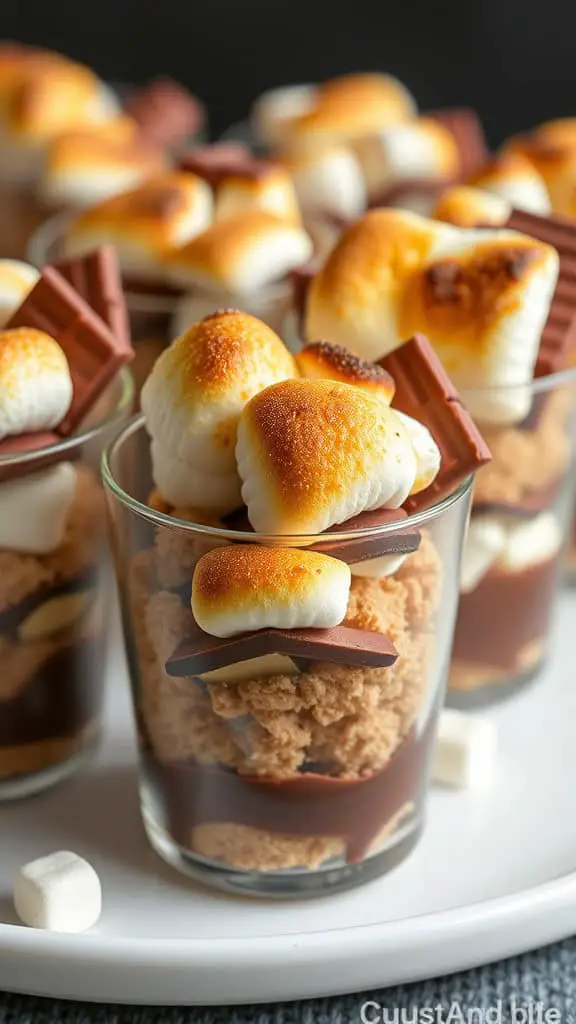 Delicious Gridiron S’mores Cups with layers of chocolate, graham cracker crumbs, and toasted marshmallows.