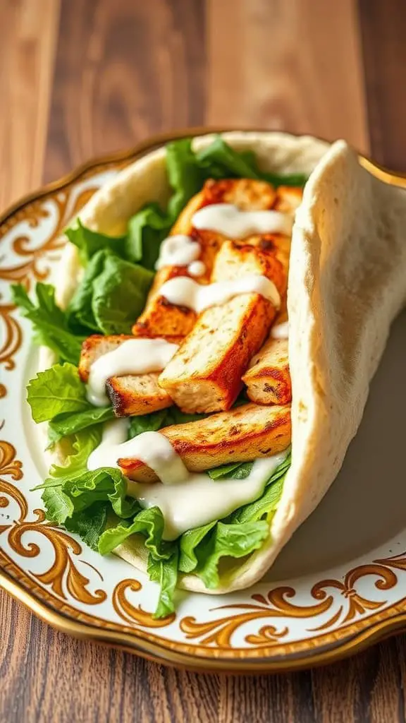 Grilled Chicken Caesar Pita Wrap with greens and dressing