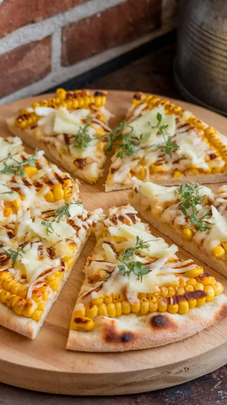 Grilled Mexican Corn Pizza slices arranged on a wooden board, topped with corn and herbs.