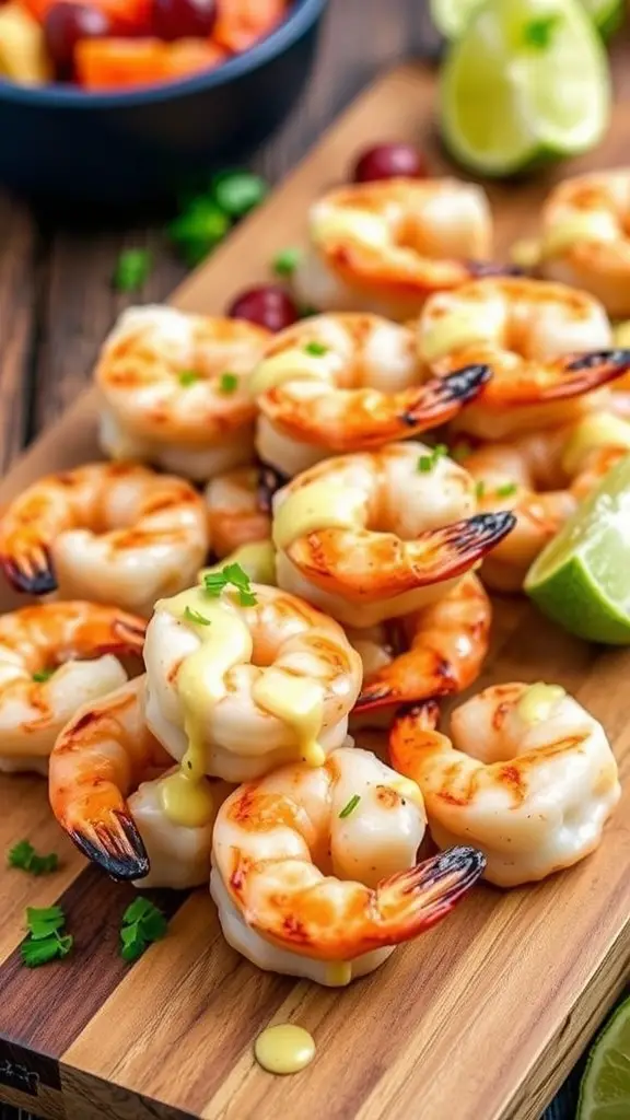 Grilled shrimp skewers drizzled with lime butter on a wooden cutting board, garnished with fresh herbs and lime wedges.