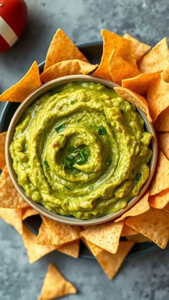 Bowl of guacamole surrounded by tortilla chips, perfect for game day.