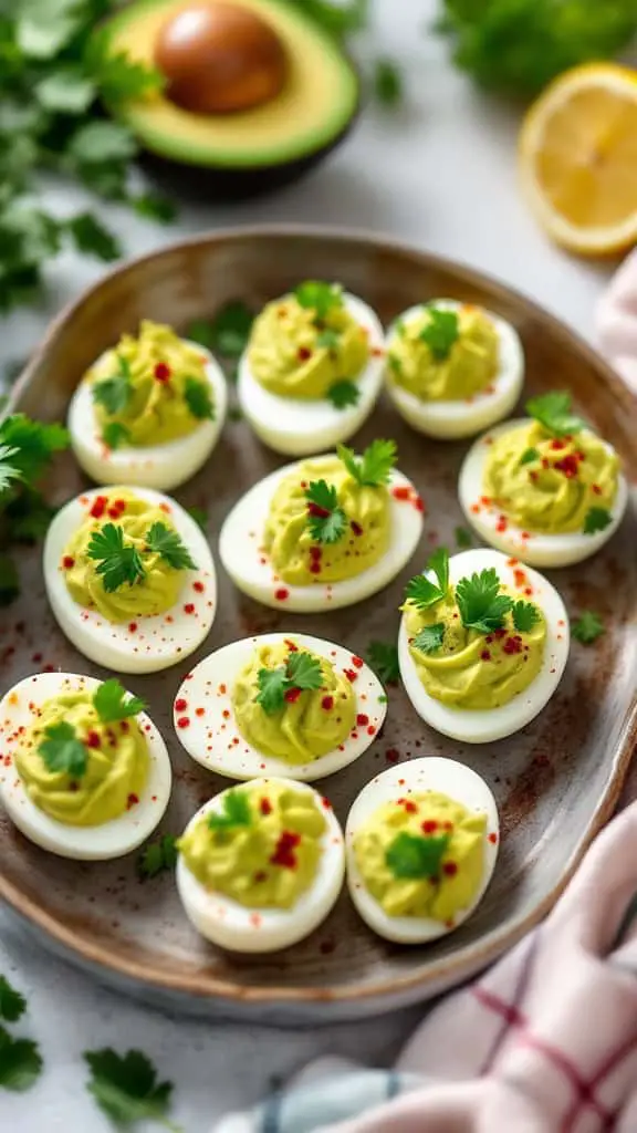 A plate of guacamole deviled eggs topped with cilantro and chili flakes, with an avocado and lemon in the background.