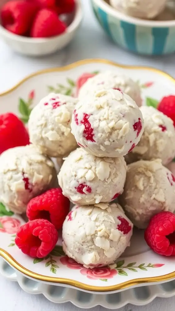 A plate of Raspberry Coconut Bliss Bites with fresh raspberries on the side.