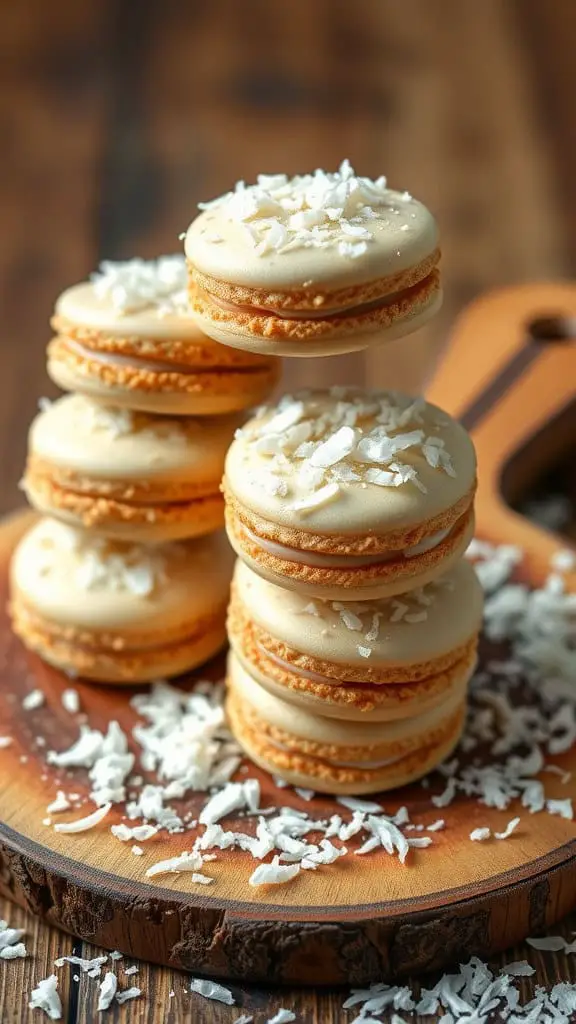 Stacked coconut macaroons on a wooden board with shredded coconut