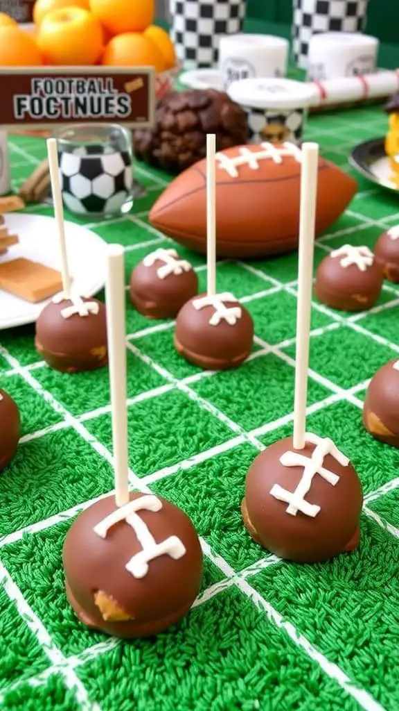 Decorative peanut butter footballs on a green football-themed table