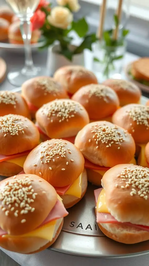 A platter of ham and cheese sliders with sesame seeds on top