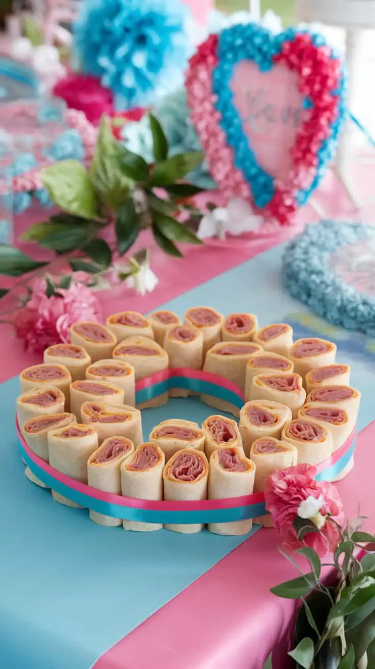 A circular arrangement of ham and cheese tortilla roll-ups, surrounded by colorful decorations and flowers.