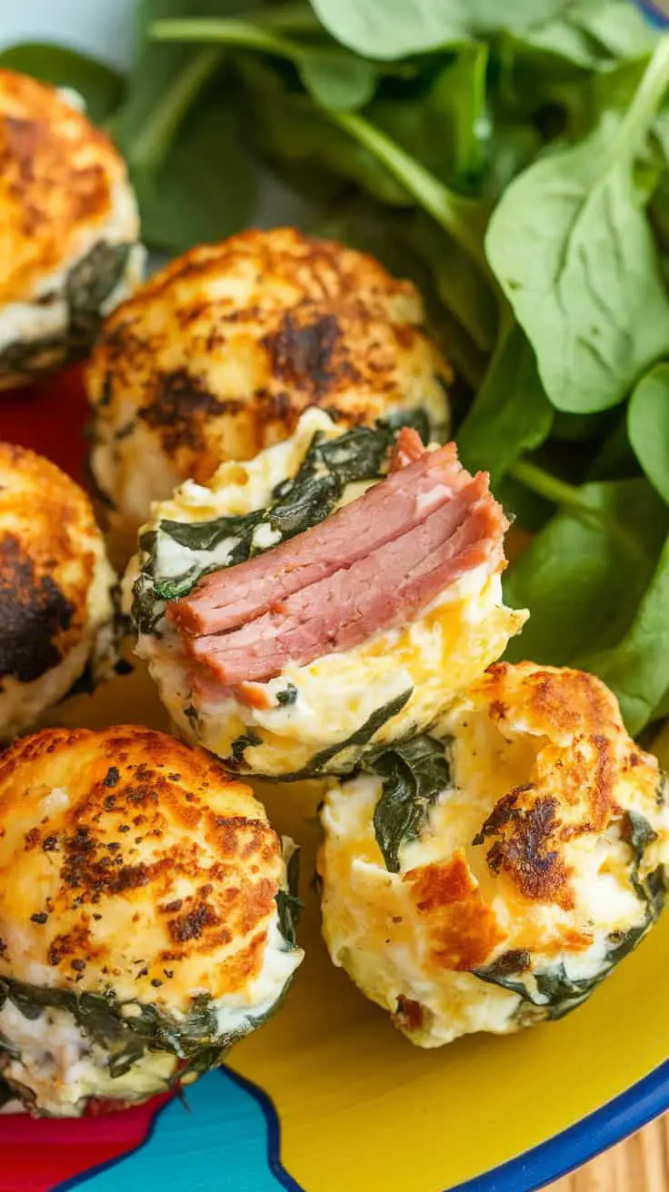 Ham and spinach keto egg white bites on a colorful plate with spinach leaves