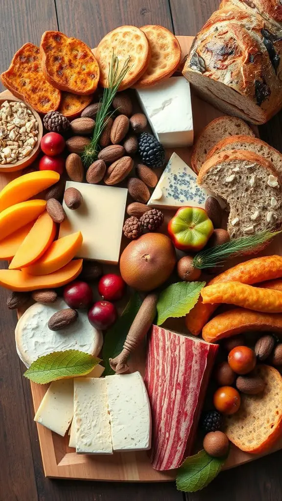 A beautifully arranged Harvest Feast Snack Board featuring various cheeses, crackers, fruits, nuts, and rustic bread on a wooden board.