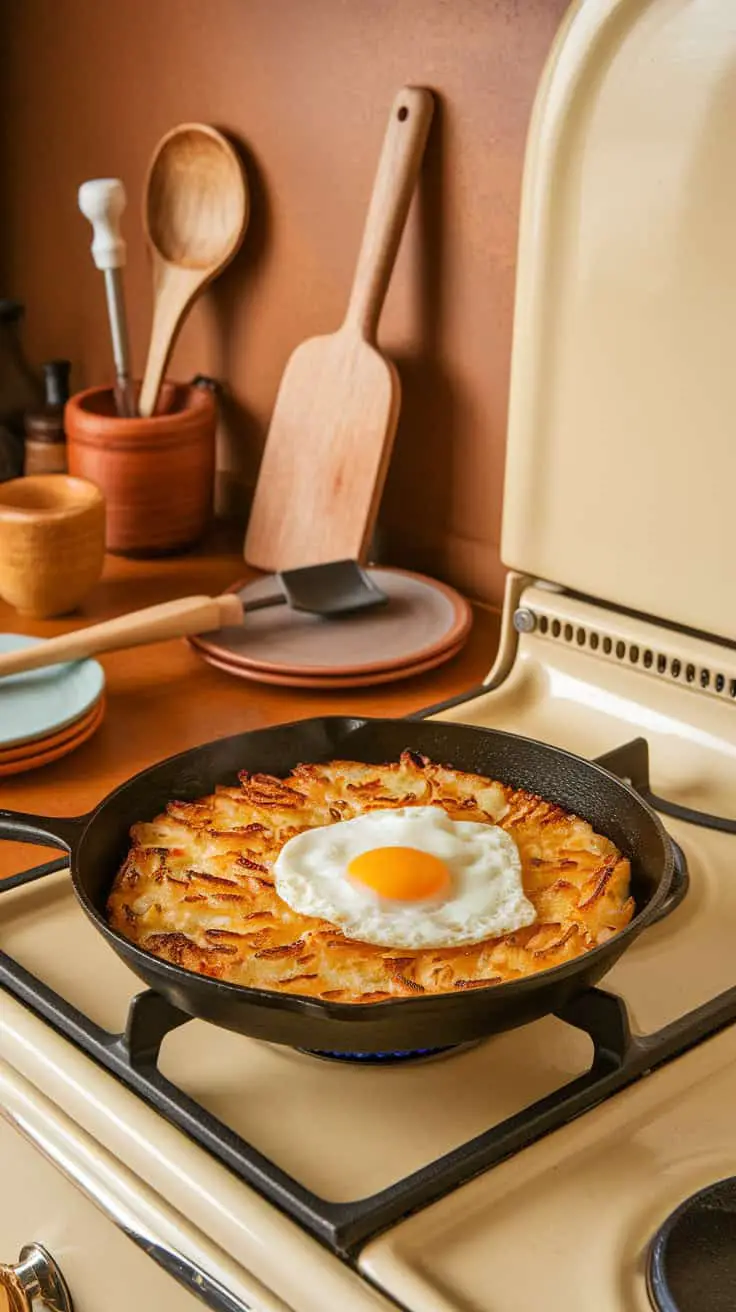 A skillet with golden hash browns and a sunny-side-up egg, placed on a stove with wooden cooking utensils in the background.