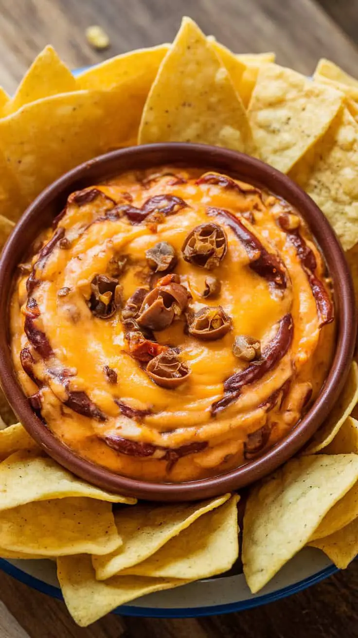 A bowl of Hatch Chile Cheese Dip surrounded by tortilla chips.