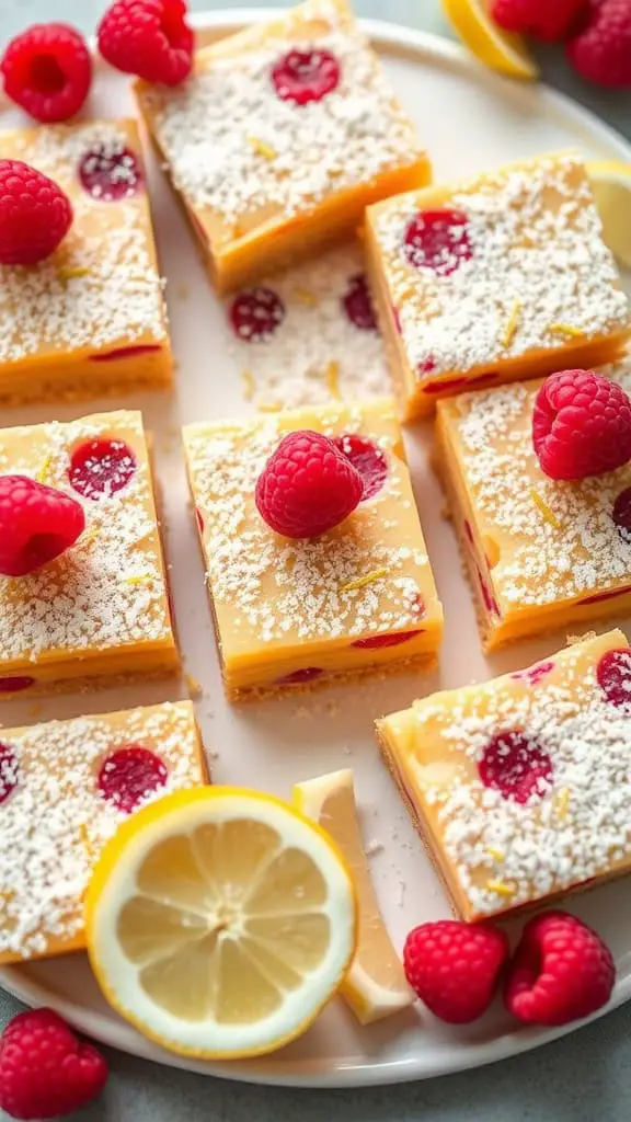 A plate of raspberry lemon bars topped with fresh raspberries and coconut, surrounded by lemon slices.