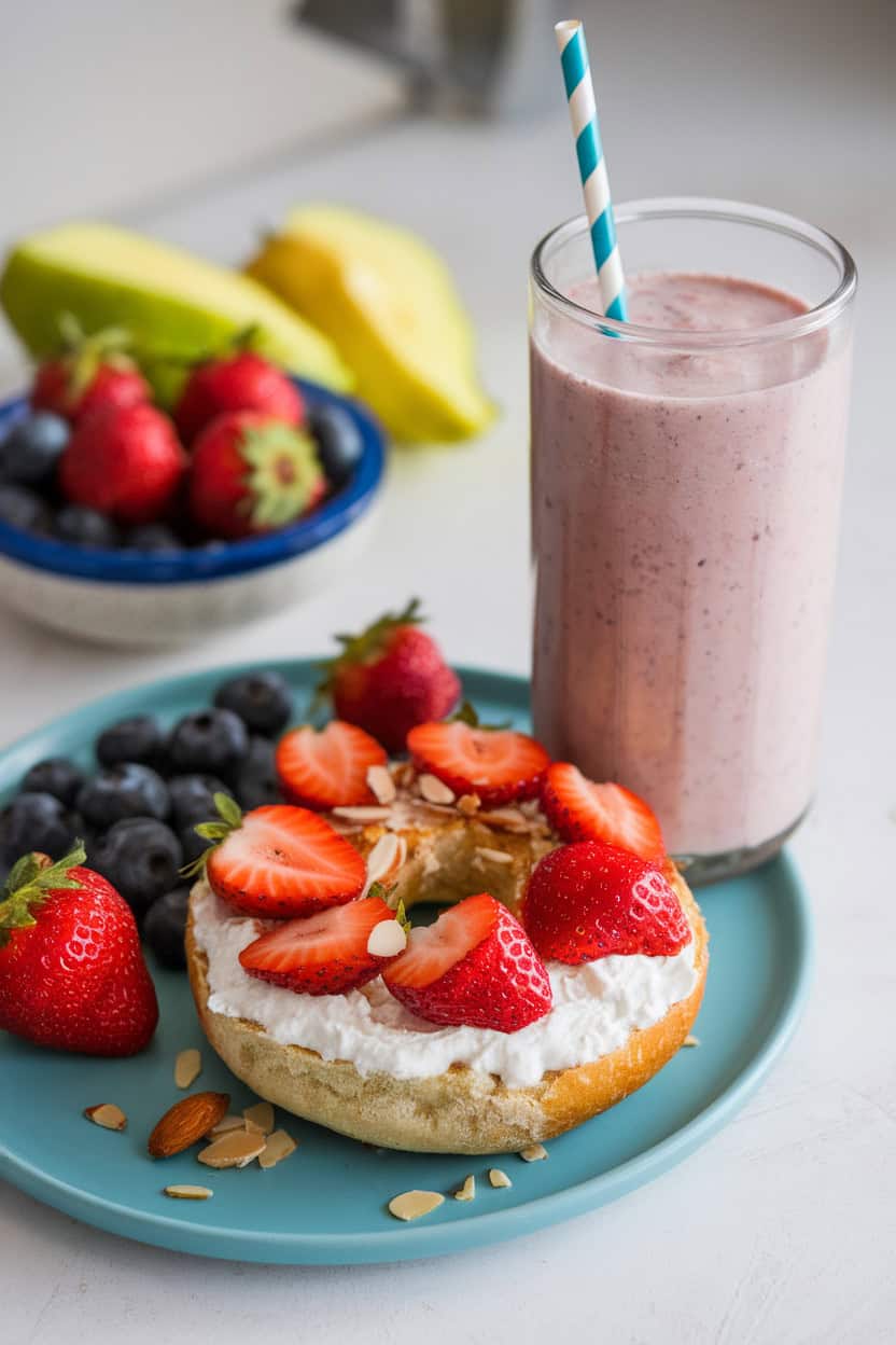 A healthy cottage cheese bagel topped with strawberries and a glass of smoothie with a straw