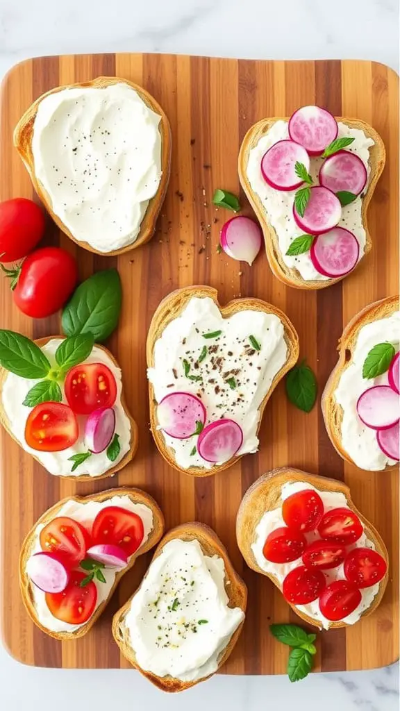 A wooden platter featuring whole-grain toasts topped with cottage cheese, sliced radishes, cucumbers, and sprouts.