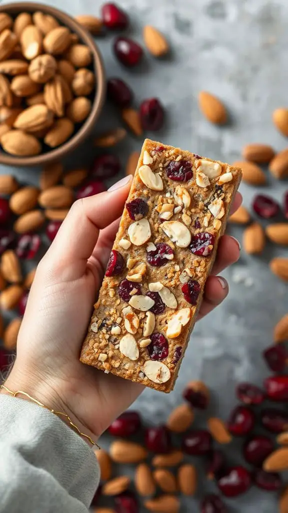 A hand holding a Cranberry Almond energy bar with a bowl of almonds in the background.